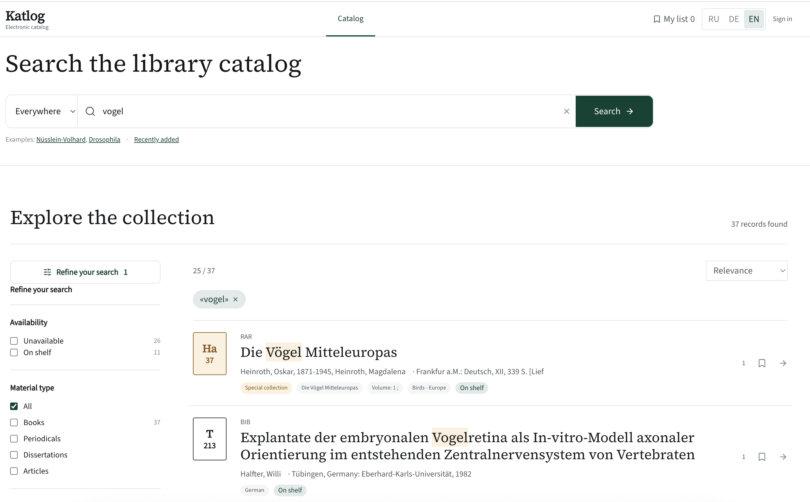 Katlog: searching “vogel” finds “Vögel”