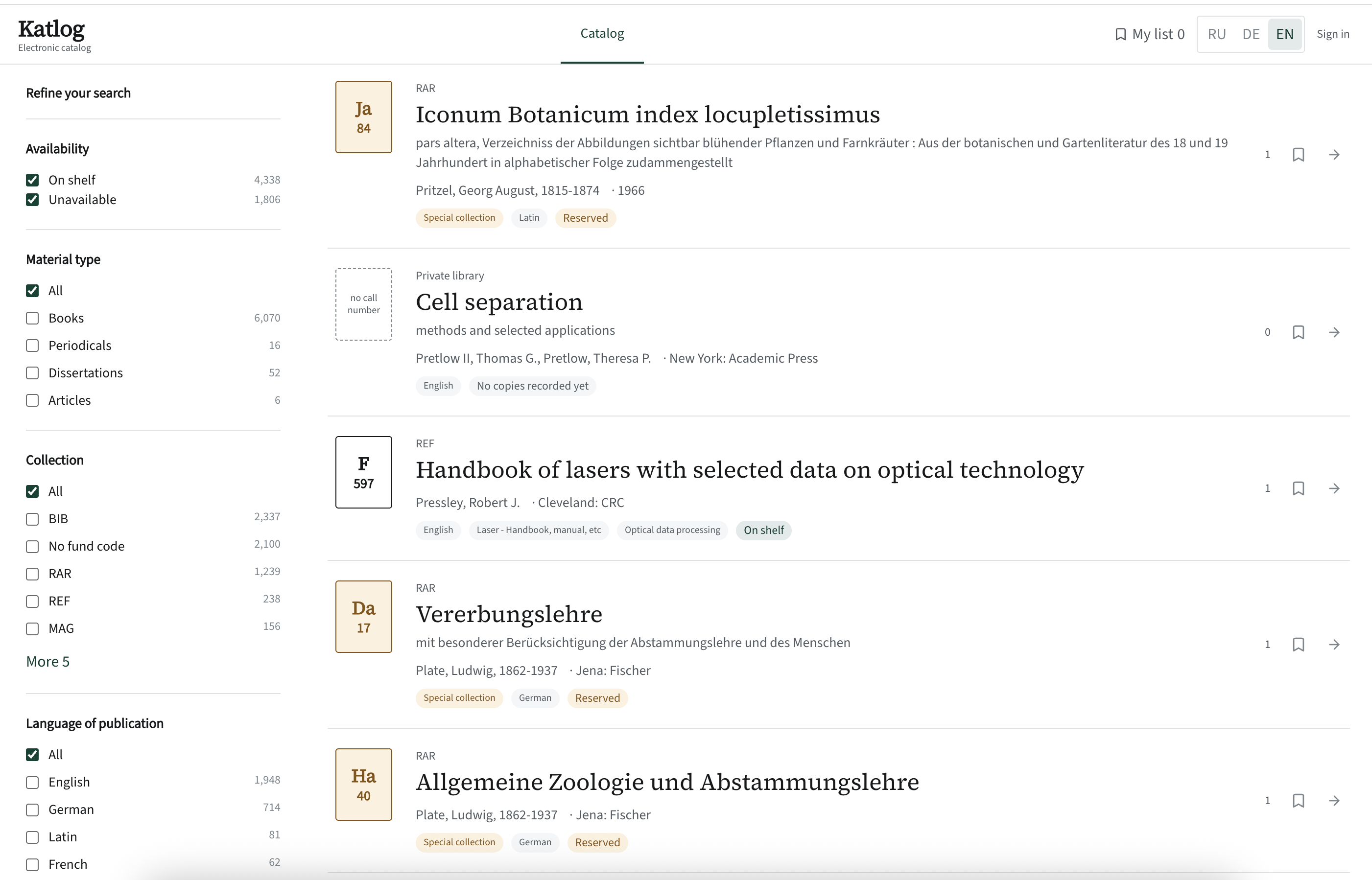 Katlog: search results with spine labels, including a rare book (amber) and a record with “no call number”
