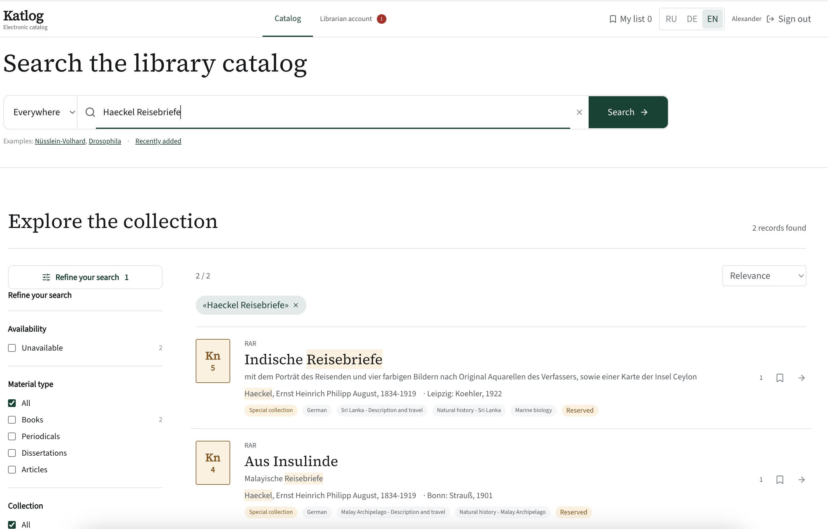 Katlog: searching “Haeckel Reisebriefe”, both words highlighted