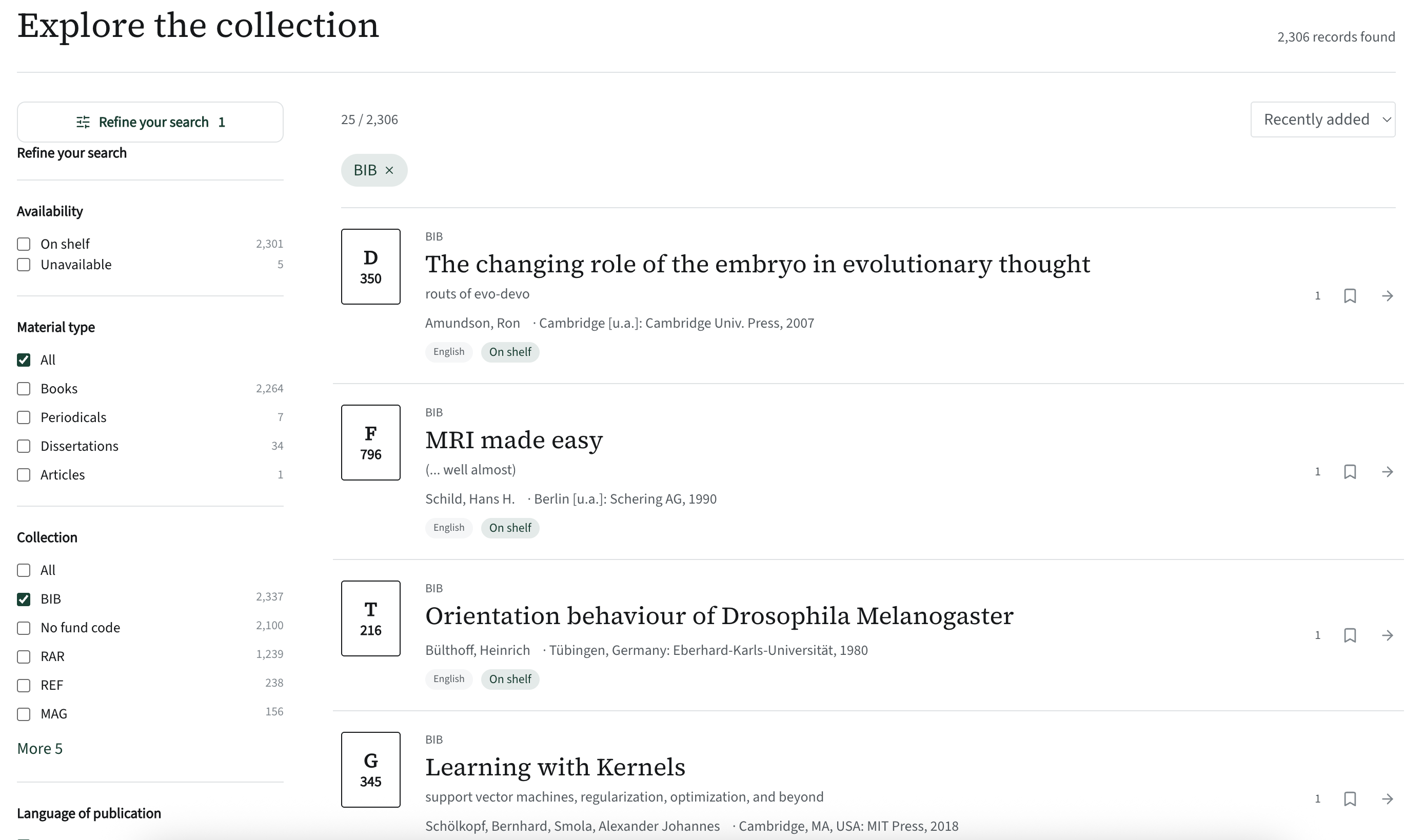 Katlog: filters on the left, collection BIB selected, other collections still shown with their counts