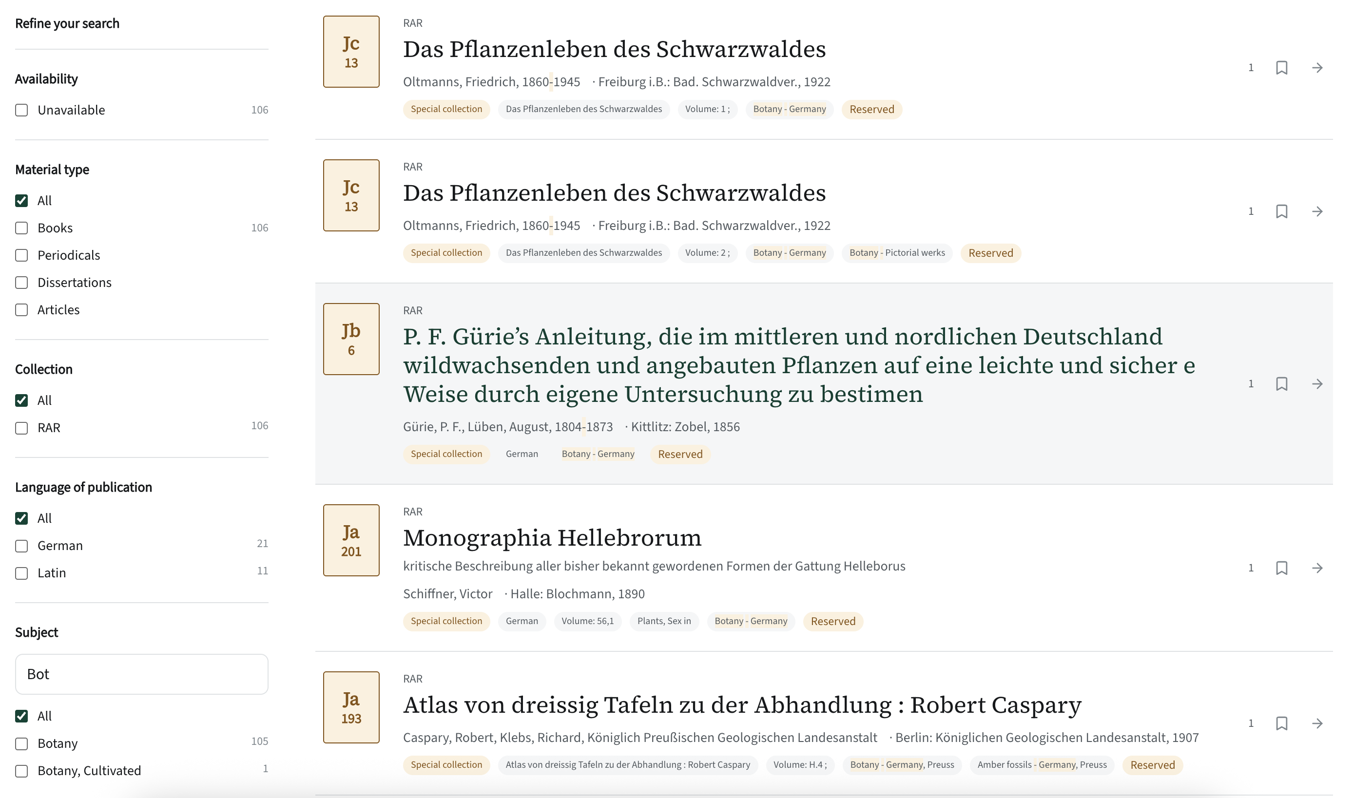 Katlog: the “Subject” filter with main headings and a search box