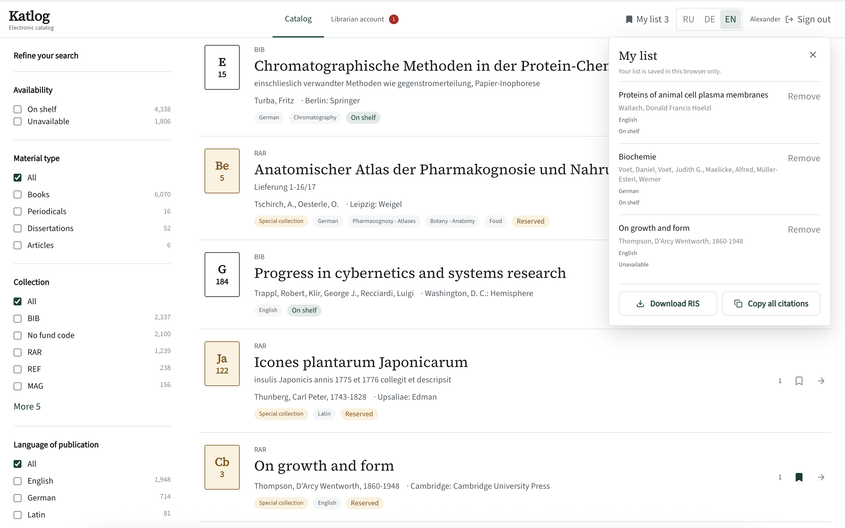Katlog: the “My list” panel with “Download RIS” and “Copy all citations” buttons