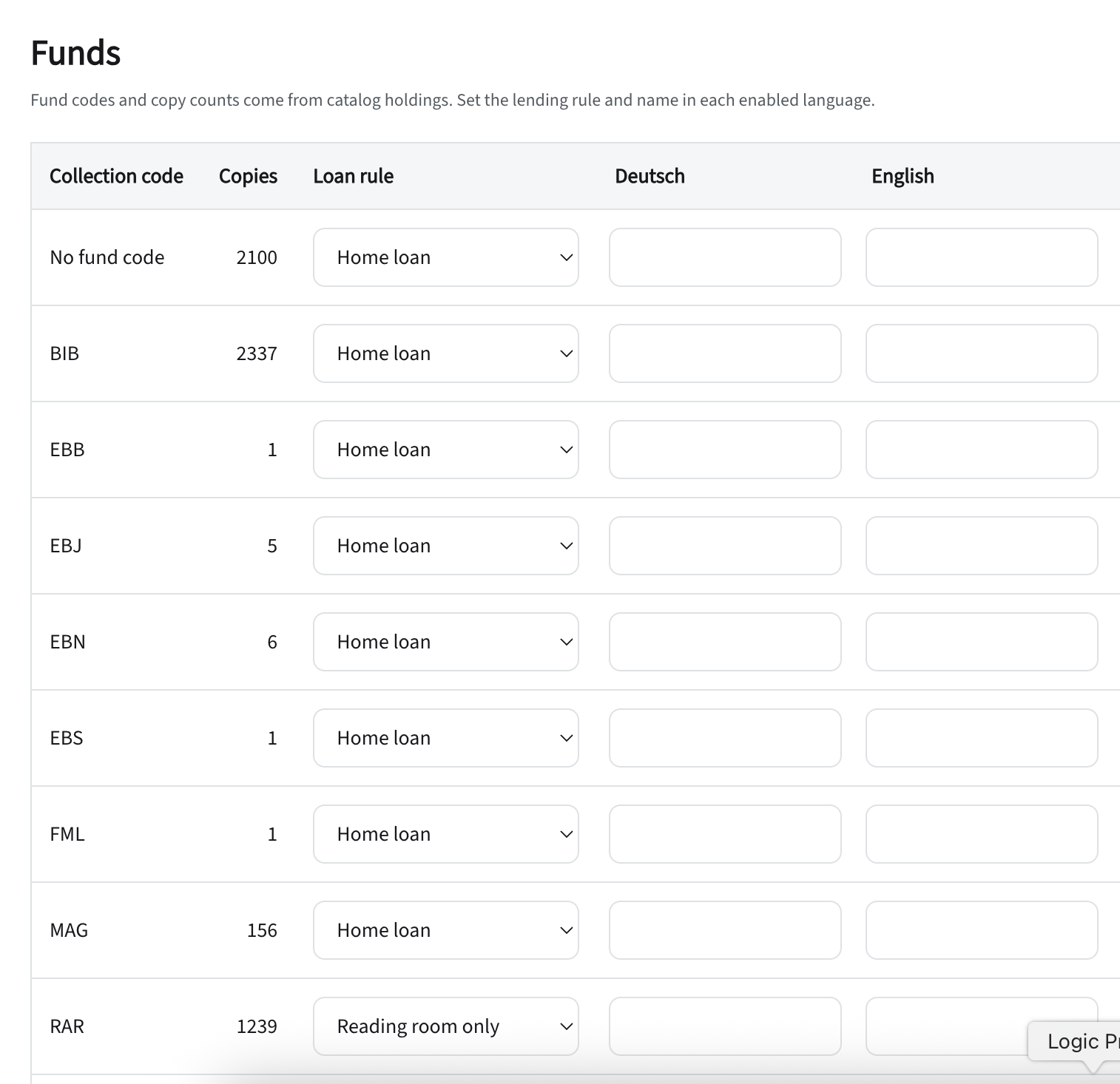 Katlog: Settings → Collections (codes, item counts, rule, names)