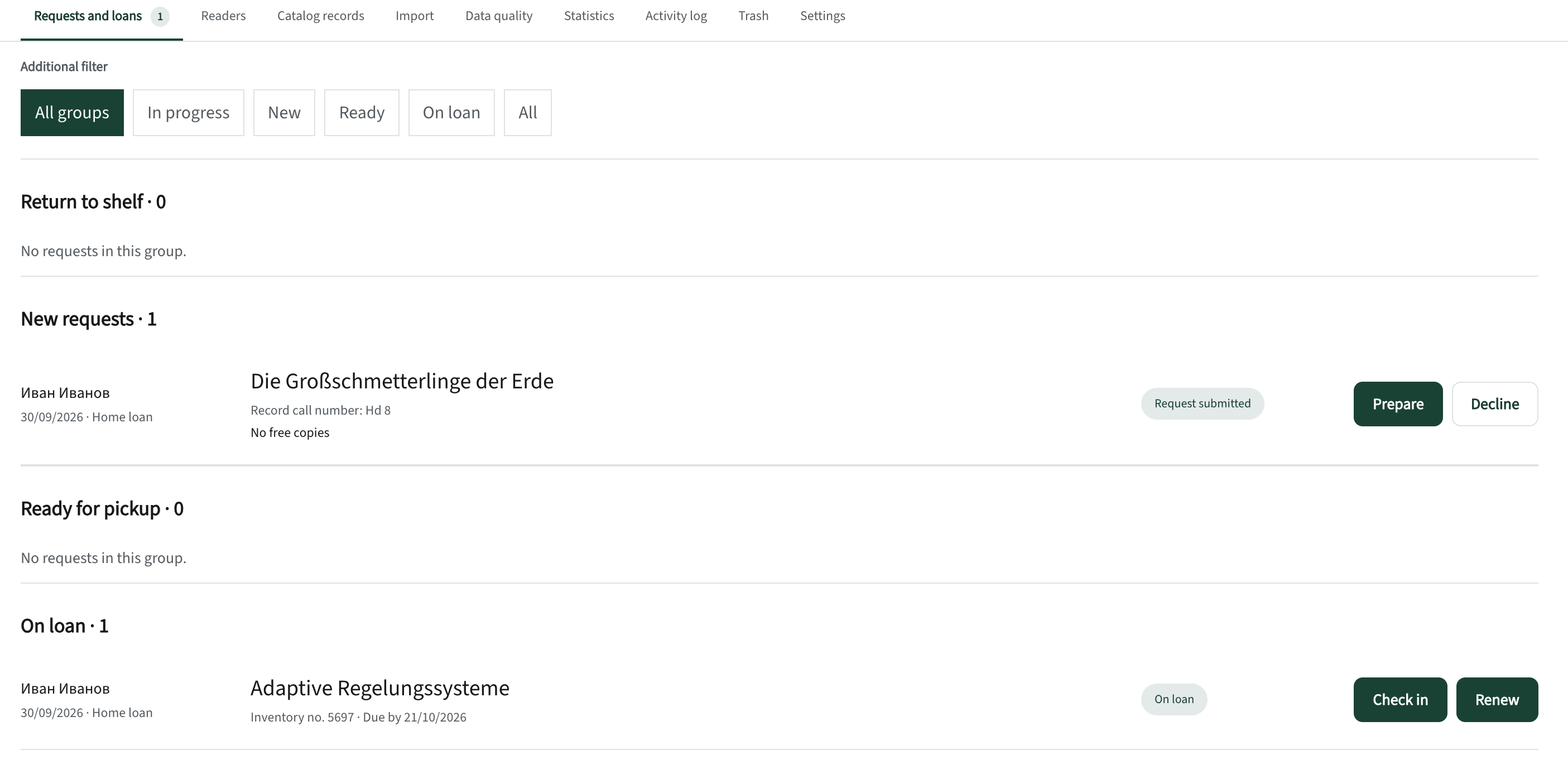 Katlog librarian workspace: the “Requests” tab with groups