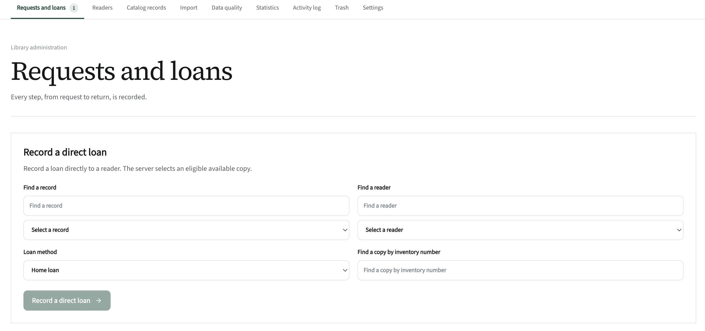 Katlog: the “Issue a loan” form in the librarian workspace