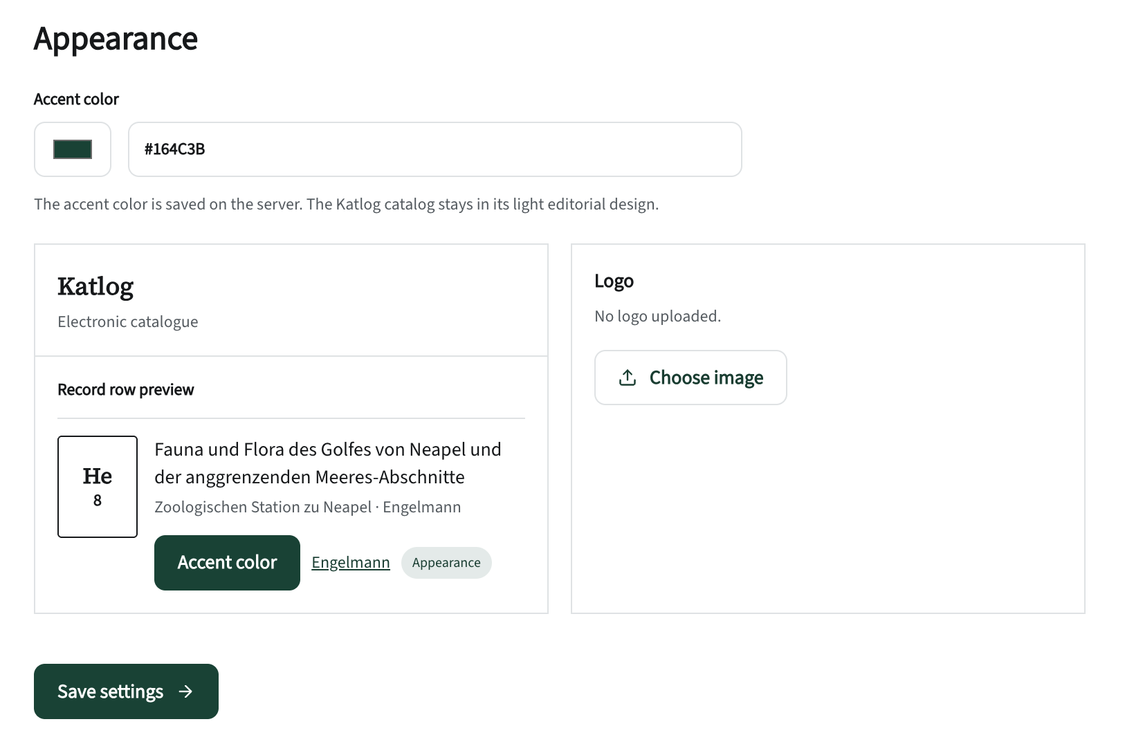 Katlog: Settings → Appearance, preview with a different accent colour