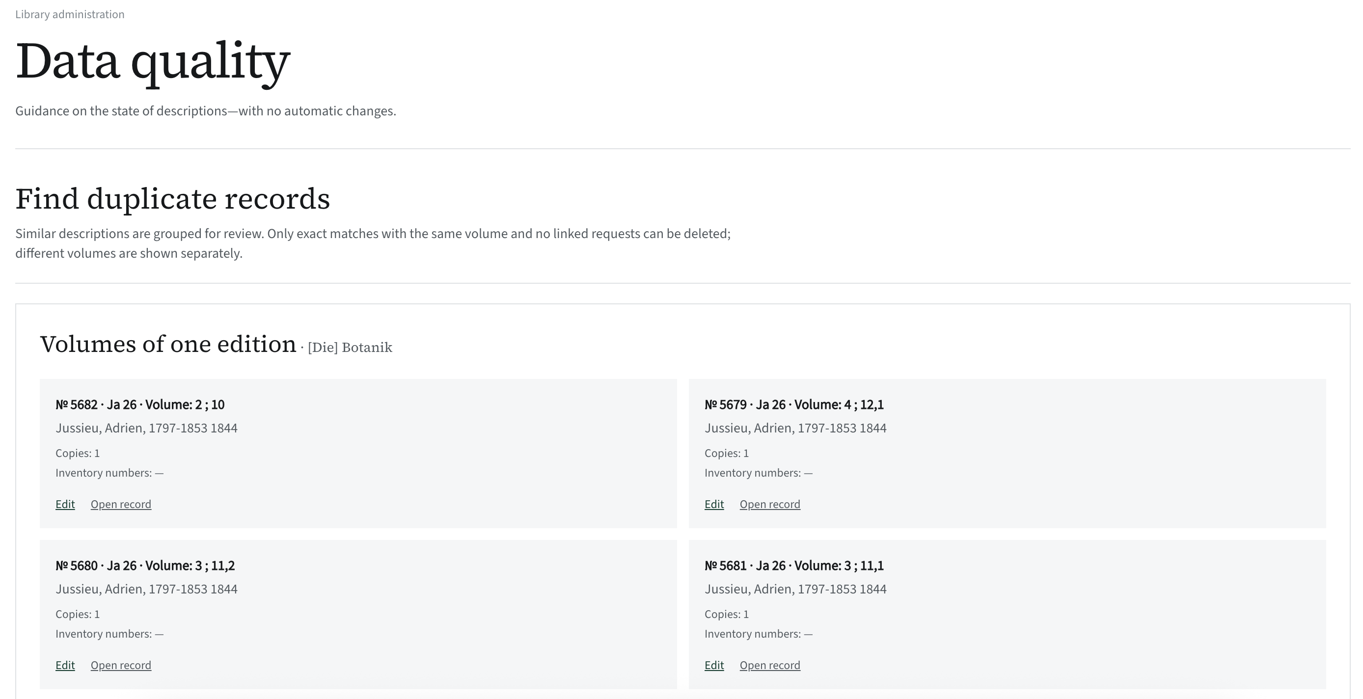 Katlog: “Data quality” — group cards and the open list of one group