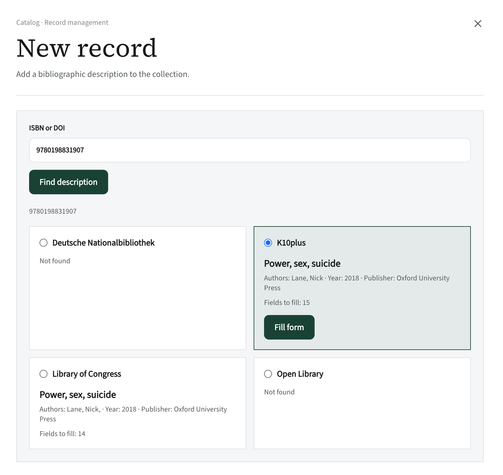 Katlog: “New record” — the ISBN field and descriptions found, shown as cards with source names