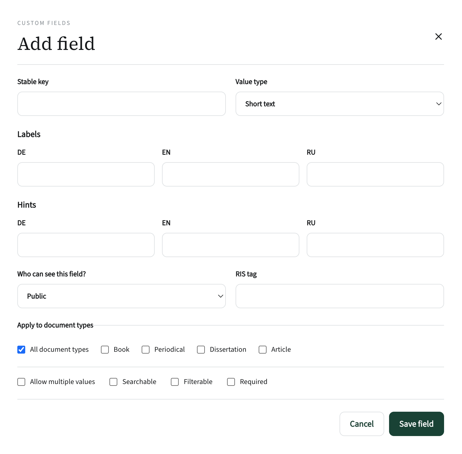 Katlog: Settings → Record fields — the field list and the form for creating a field (e.g. DOI)