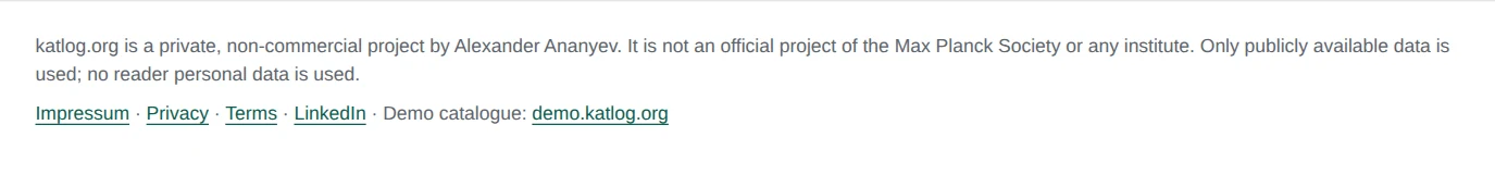 katlog.org: the site footer with links to Impressum, privacy notice and terms of use