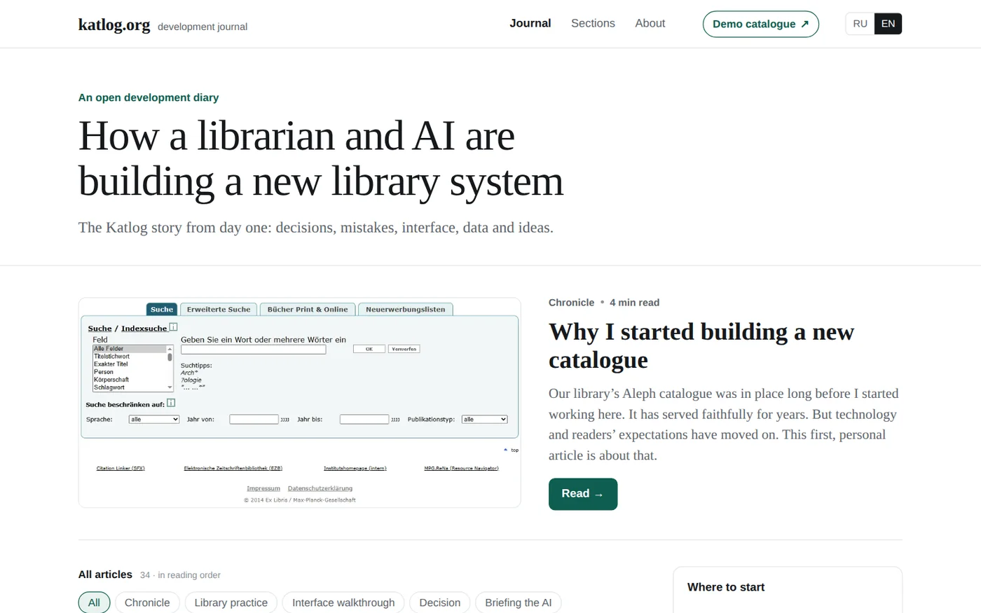 katlog.org: the journal’s home page with the article feed and spine labels