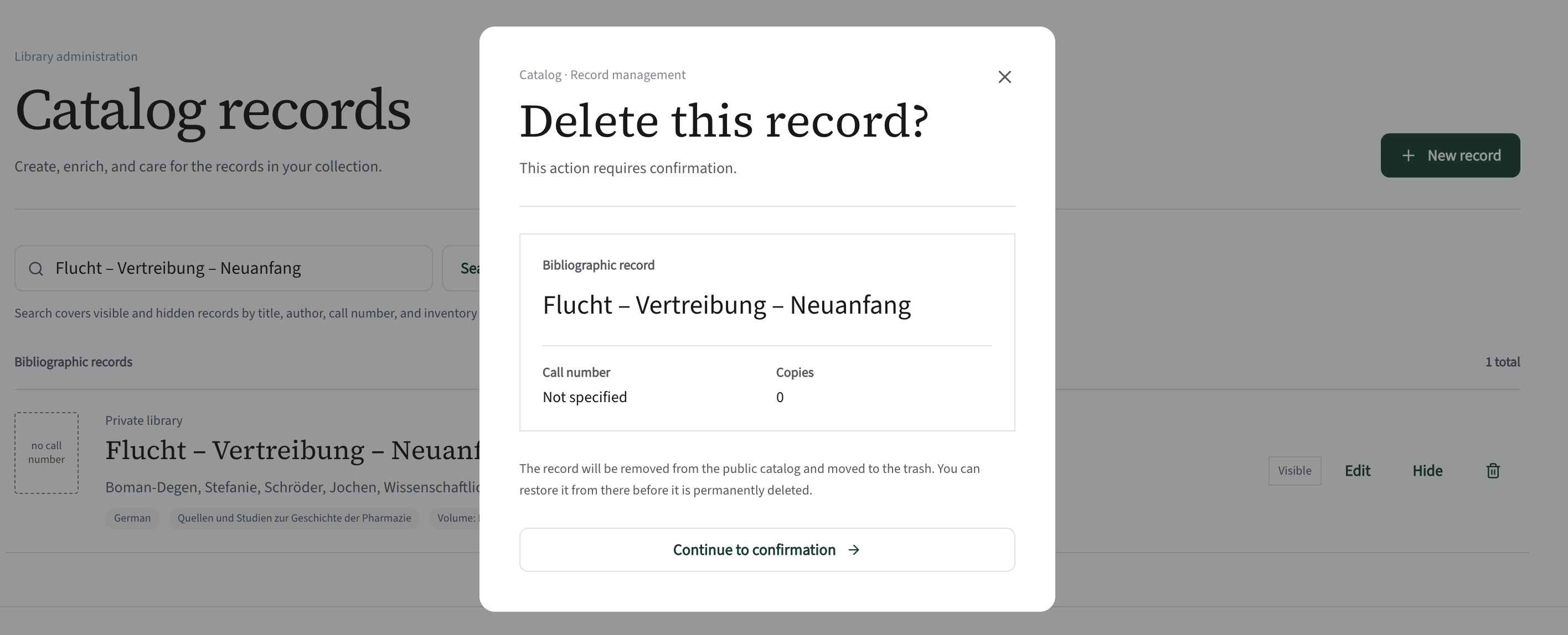 The Delete record dialog with a red HTTP 415 error